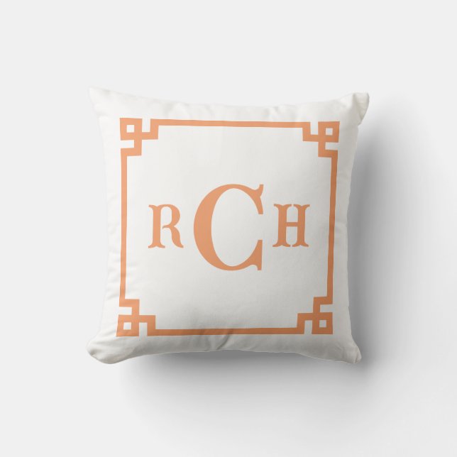 Papaya Orange Chinoiserie Greek Key Monogram Cushion (Front)