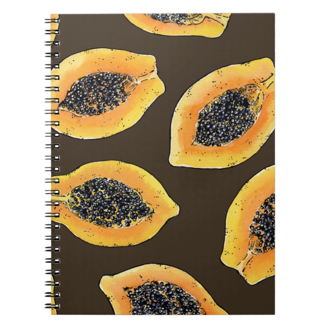 Papaya slices on dark brown notebook (Front)