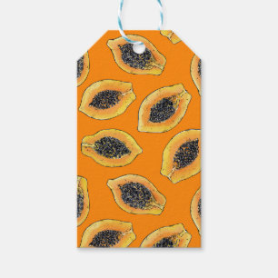 Papaya slices on orange gift tags