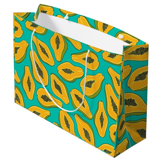 Papaya slices on turquoise large gift bag (Back Angled)
