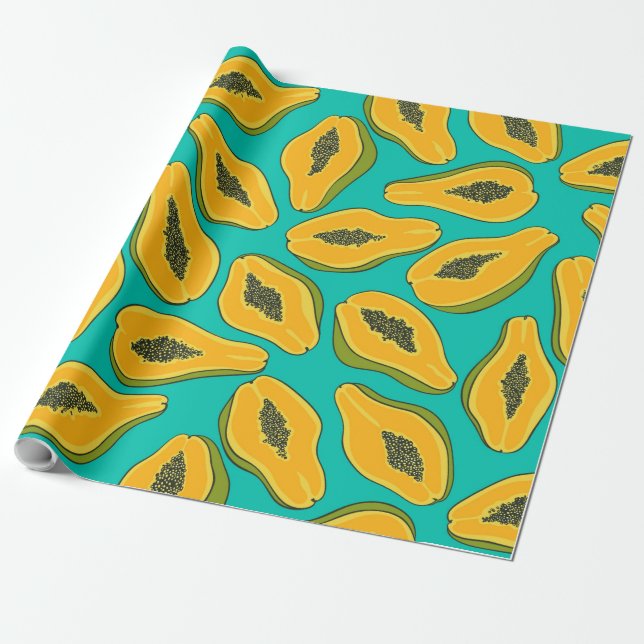 Papaya slices on turquoise wrapping paper (Unrolled)