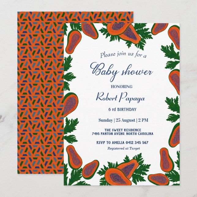 Papaya Sweet Fruit Fresh Summer Green Baby Shower Invitation (Front/Back)
