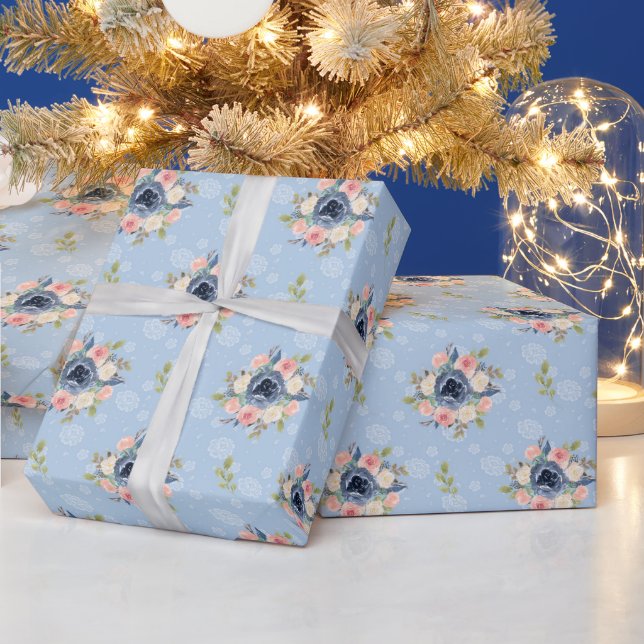 Papel De Regalo elegant flowers blue and pink Wrapping Paper (Holidays)