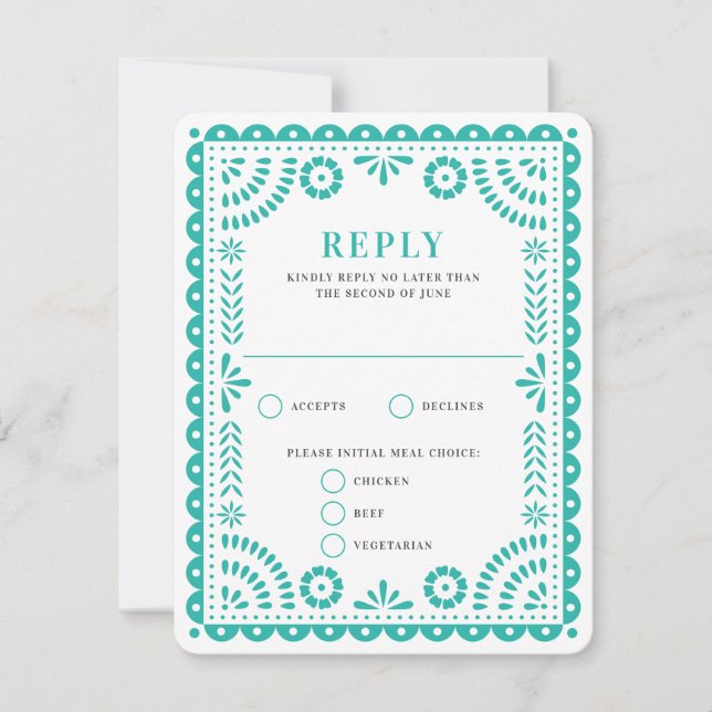 Papel Picado Aqua | Wedding Reply RSVP Card (Front)