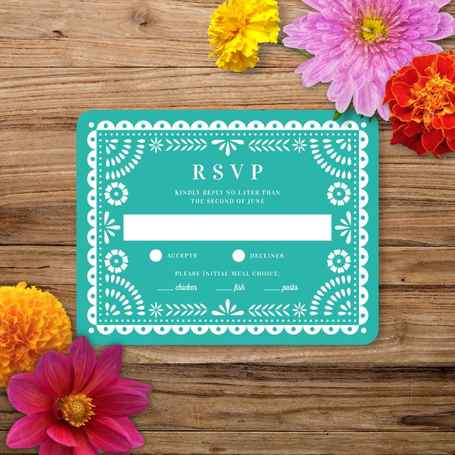 Papel Picado Aqua | Wedding Reply RSVP Card (Creator Uploaded)