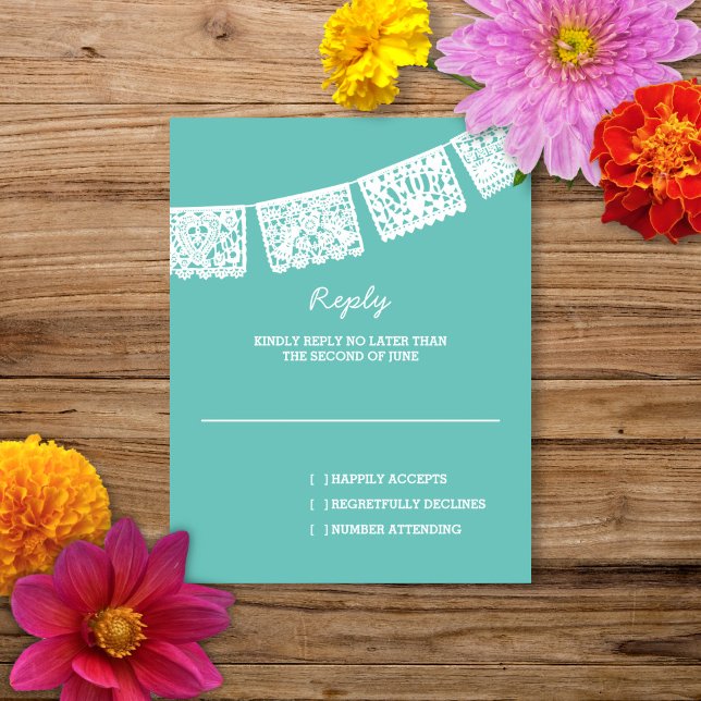 Papel Picado Aqua | Wedding Reply RSVP Card (Creator Uploaded)