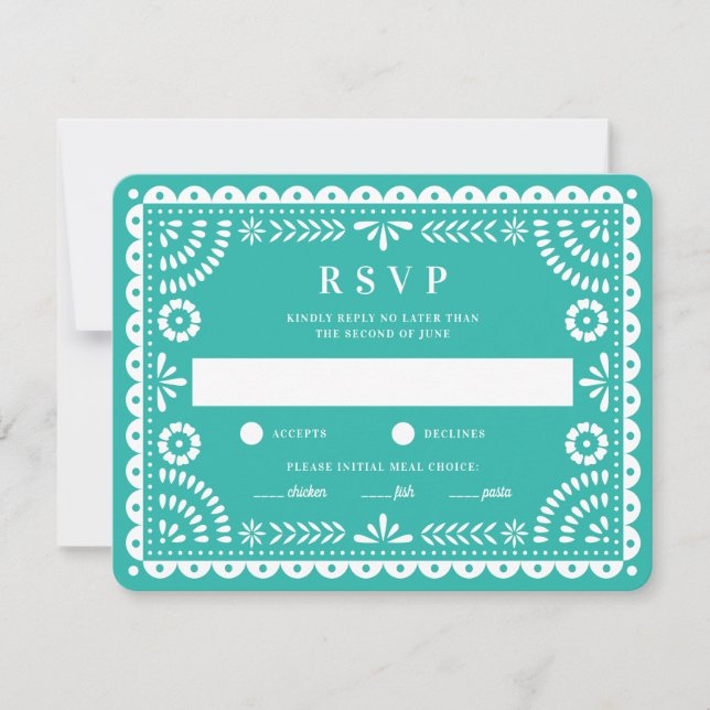 Papel Picado Aqua | Wedding Reply RSVP Card (Front)