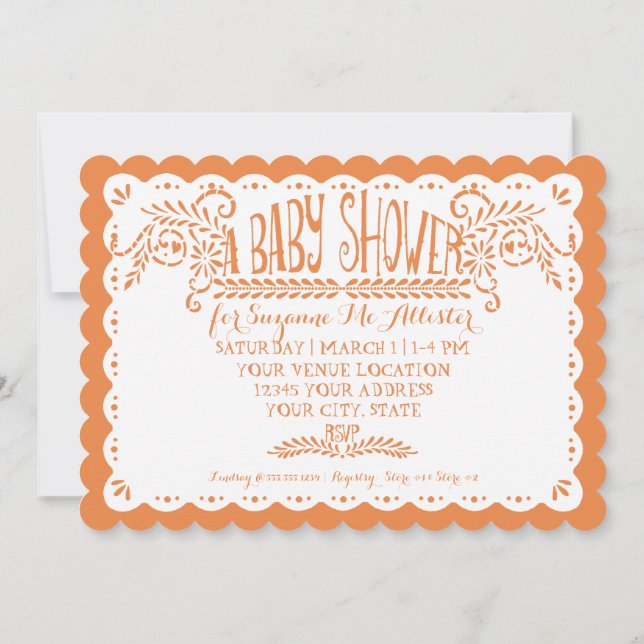Papel Picado Baby Girl Shower Pool Orange Fiesta Invitation (Back)