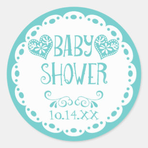 Papel Picado Baby Shower Aqua Blue Fiesta Envelope Classic Round Sticker
