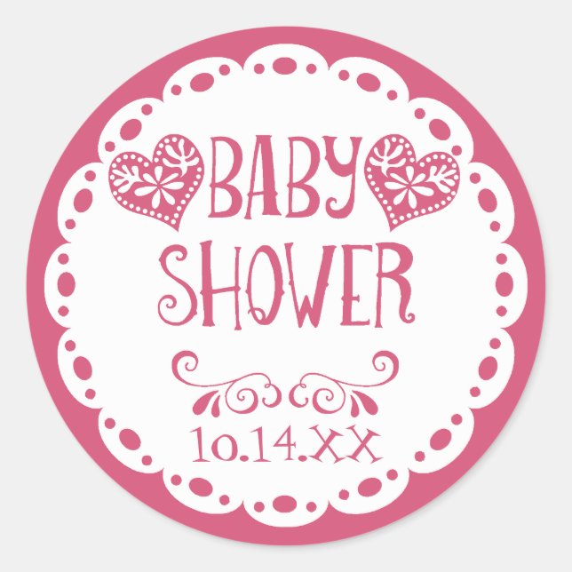 Papel Picado Baby Shower Hot Pink Fiesta Envelope Classic Round Sticker (Front)