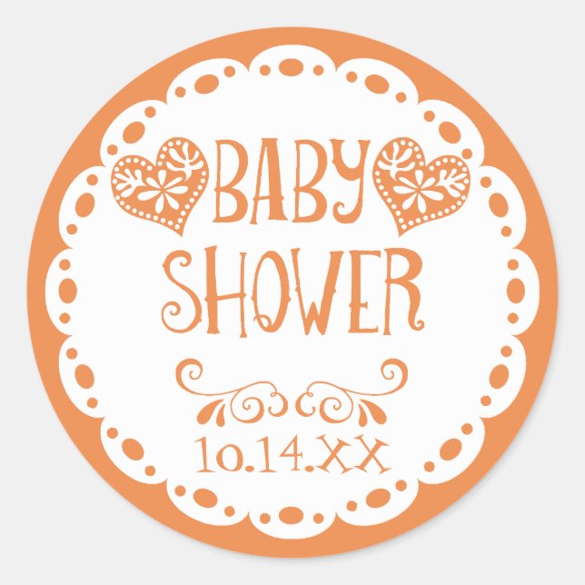Papel Picado Baby Shower Orange Fiesta Envelope Classic Round Sticker (Front)
