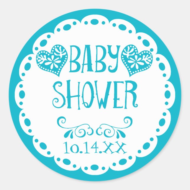 Papel Picado Baby Shower Pool Blue Fiesta Envelope Classic Round Sticker (Front)