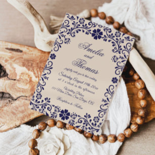 Papel Picado Beige Blue Mexican Wedding Invitation