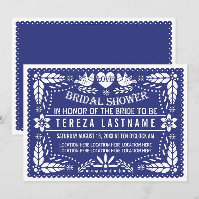 Papel picado birds dark blue wedding bridal shower invitation (Front/Back)