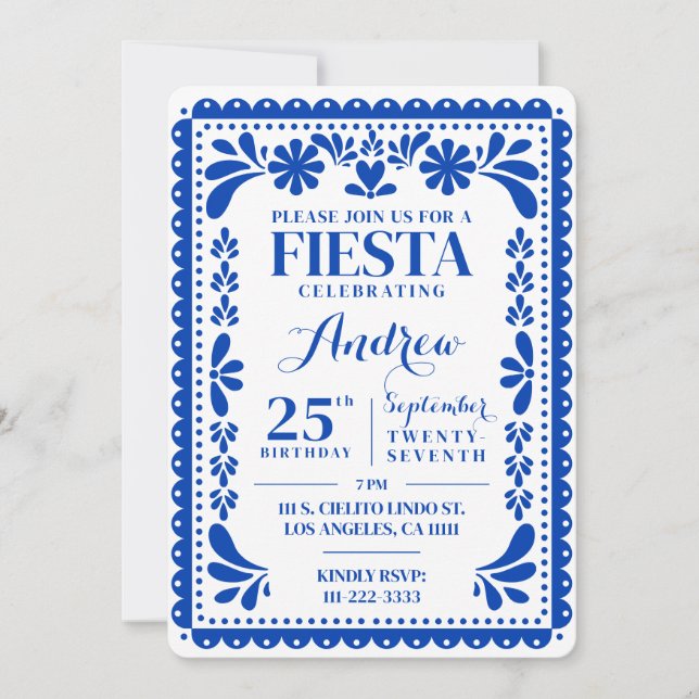 Papel Picado Birthday Invitation Blue Fiesta (Front)
