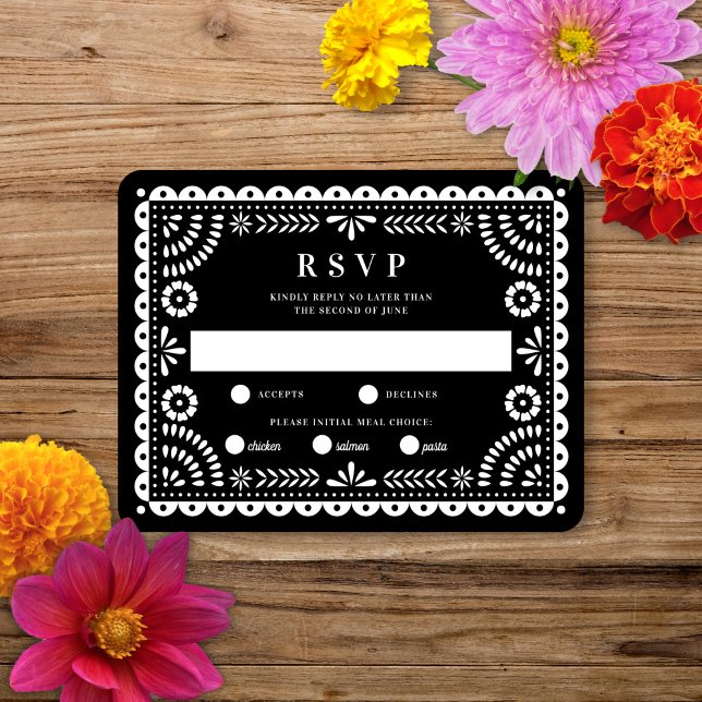Papel Picado Black | Wedding Reply RSVP Card (Creator Uploaded)