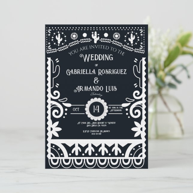 Papel Picado Black & White Wedding Invitation (Standing Front)