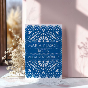 Papel Picado Blue Folk Art Boda Spanish Wedding Invitation