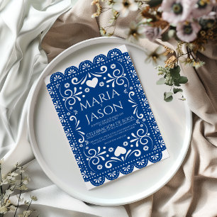Papel Picado Blue White Folk Art Spanish Wedding Invitation
