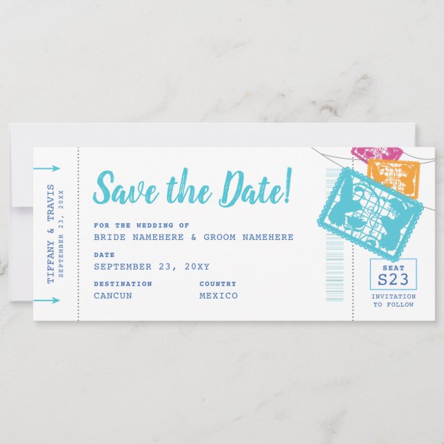 Papel Picado Boarding Pass Save the Date Card (Front)