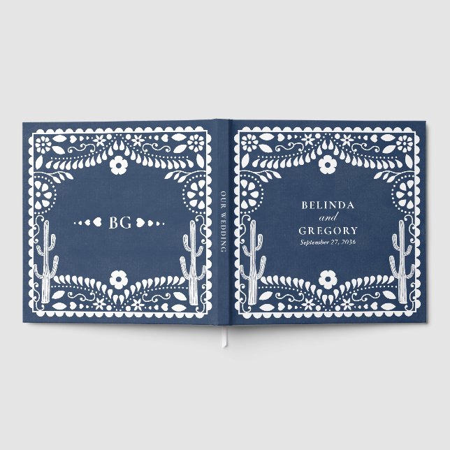 Papel Picado Boda Mexican Rustic Blue Wedding Guest Book (Full)
