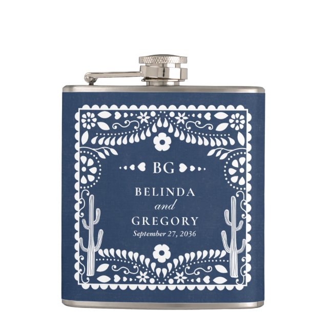 Papel Picado Boda Mexican Rustic Blue Wedding Hip Flask (Front)