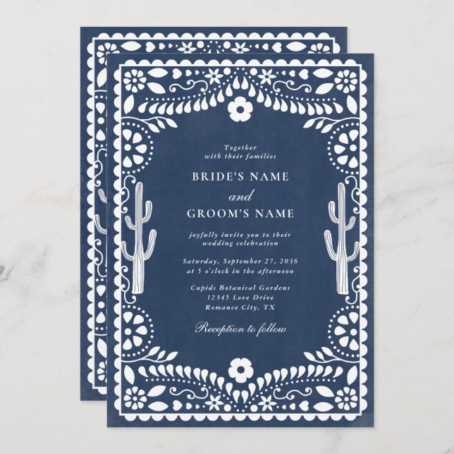 Papel Picado Boda Mexican Rustic Blue Wedding Invitation (Front/Back)