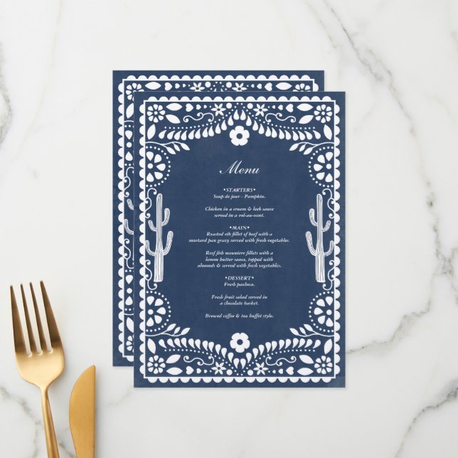 Papel Picado Boda Mexican Rustic Blue Wedding Menu (Front/Back In Situ)