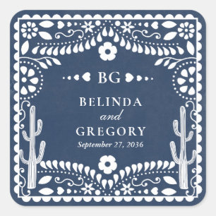 Papel Picado Boda Mexican Rustic Blue Wedding Square Sticker
