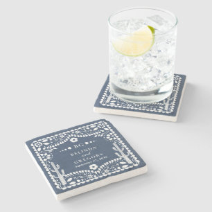 Papel Picado Boda Mexican Rustic Blue Wedding Stone Coaster