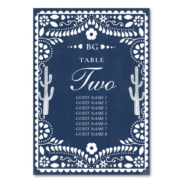 Papel Picado Boda Mexican Rustic Blue Wedding Table Number (Front)