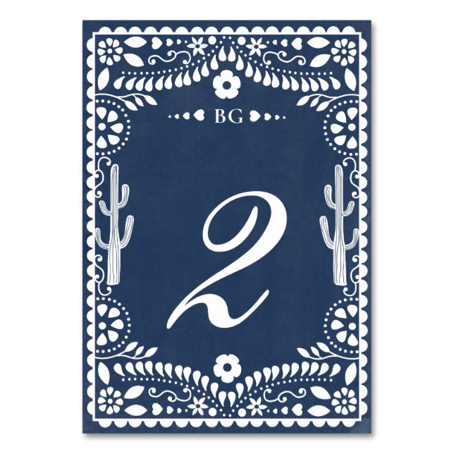 Papel Picado Boda Mexican Rustic Blue Wedding Table Number (Front)