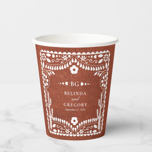 Papel Picado Boda Mexican Terracotta Brown Wedding Paper Cups (Front)