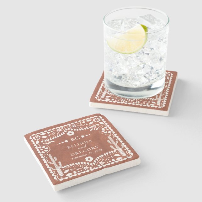Papel Picado Boda Mexican Terracotta Brown Wedding Stone Coaster (Side)