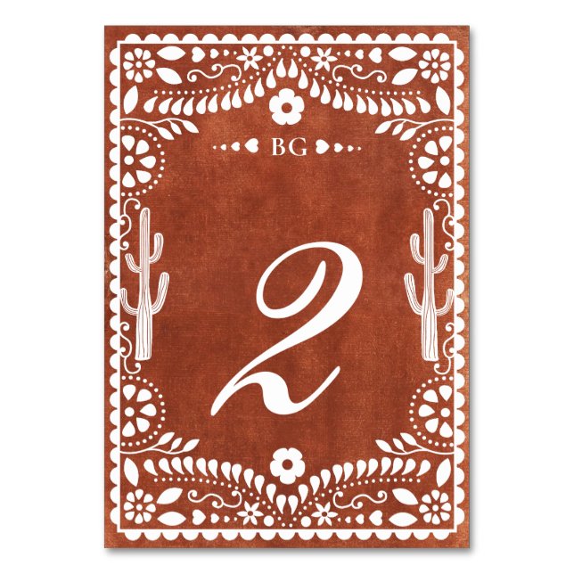 Papel Picado Boda Mexican Terracotta Brown Wedding Table Number (Front)