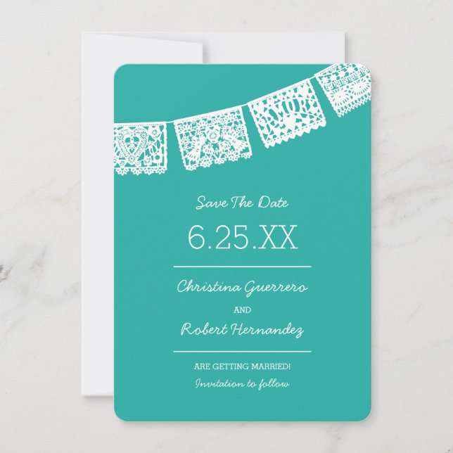 Papel Picado Bright Aqua | Wedding Save The Date (Front)