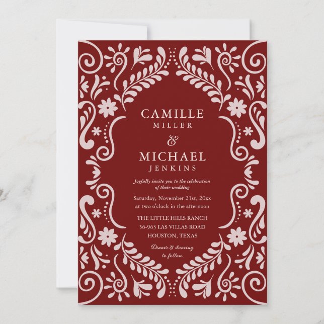 Papel Picado Burgundy Mexican Wedding Invitation (Front)