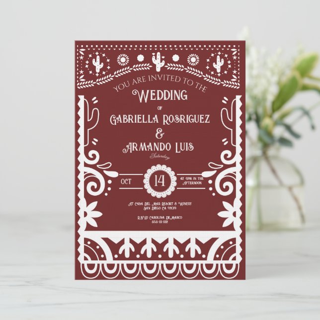 Papel Picado Burgundy & White Wedding Invitation (Standing Front)