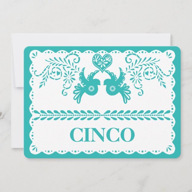 Papel Picado Cinco Five Table Number Aqua Fiesta (Front)