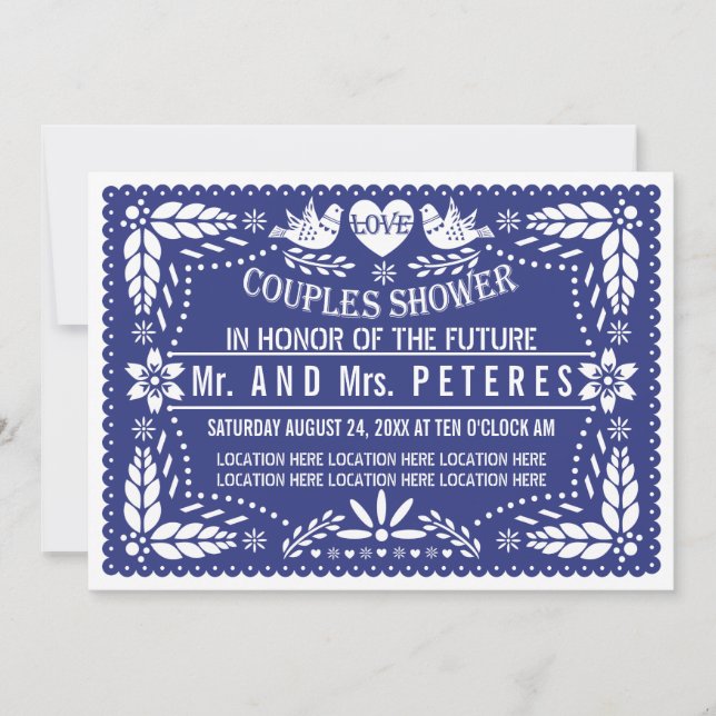 Papel picado dark blue wedding couples shower invitation (Front)