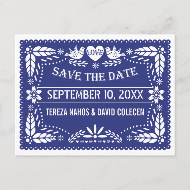Papel picado dark blue wedding Save the Date Announcement Postcard (Front)