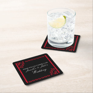 Papel Picado Fiesta Mexican Thank You Red Wedding Square Paper Coaster