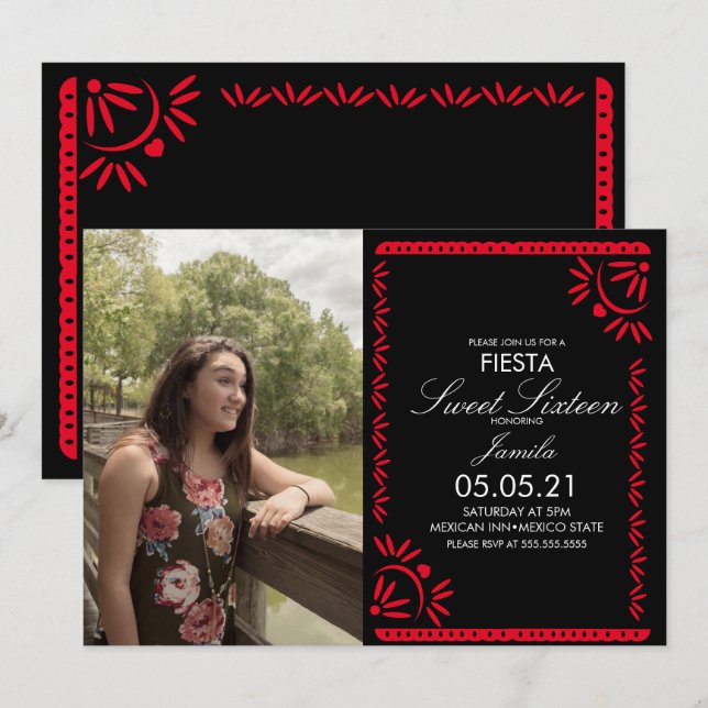 Papel Picado Fiesta Sweet 16 Mexican Photo  Invitation (Front/Back)