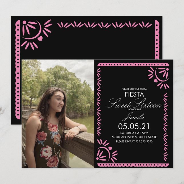 Papel Picado Fiesta Sweet 16 Mexican Pink Photo Invitation (Front/Back)