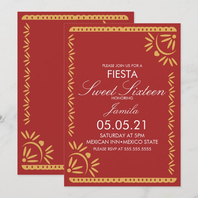 Papel Picado Fiesta Sweet 16 Mexican Scallop Blue  Invitation (Front/Back)