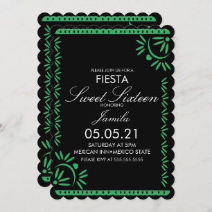 Papel Picado Fiesta Sweet 16 Mexican Scallop Green Invitation