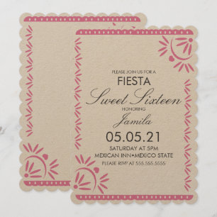 Papel Picado Fiesta Sweet 16 Mexican Scallop Kraft Invitation