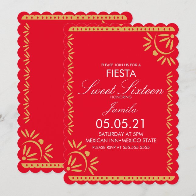 Papel Picado Fiesta Sweet 16 Mexican Scallop Red Invitation (Front/Back)