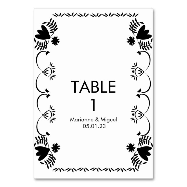 Papel Picado Floral Mexican Wedding Black White Table Number (Front)