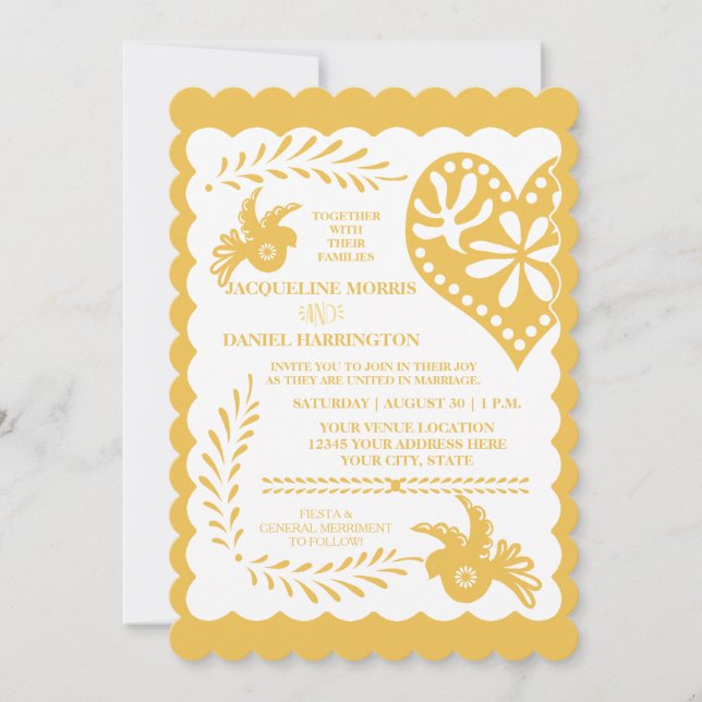 Papel Picado Gold Lime Fiesta Wedding Banner Theme Invitation (Front)